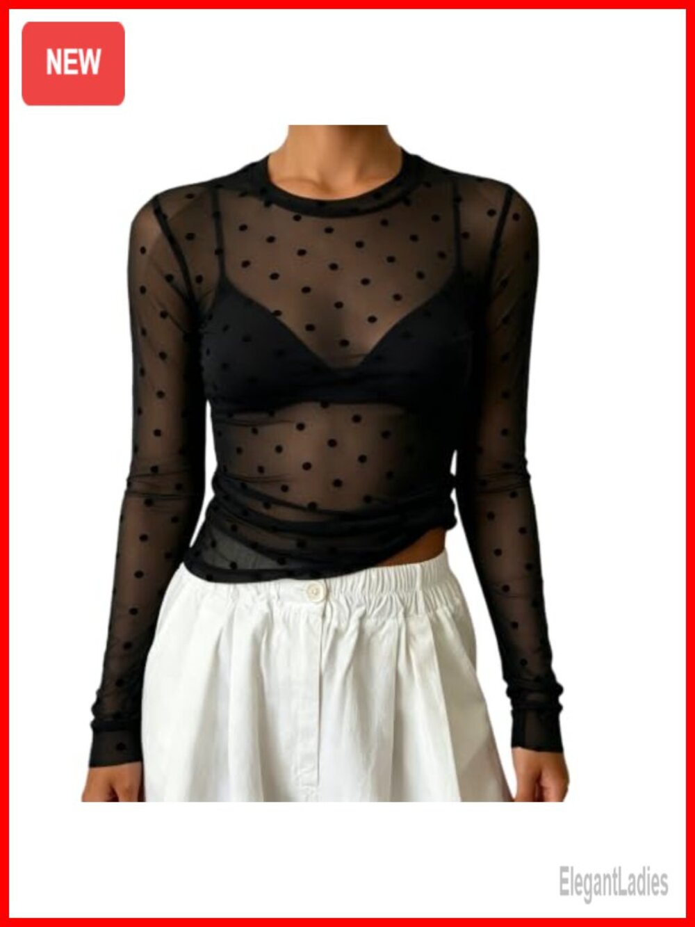 Seyumixi Women Sheer Mesh Polka Dot Long Sleeve Top